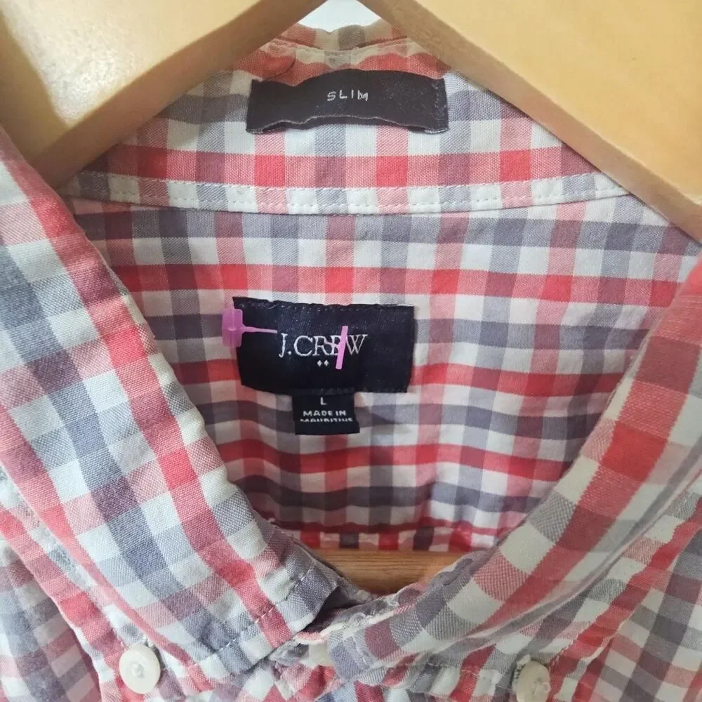 J.Crew Men's Slim Fit Red White and Blue Gingham Button Down Long Sleeve Shirt